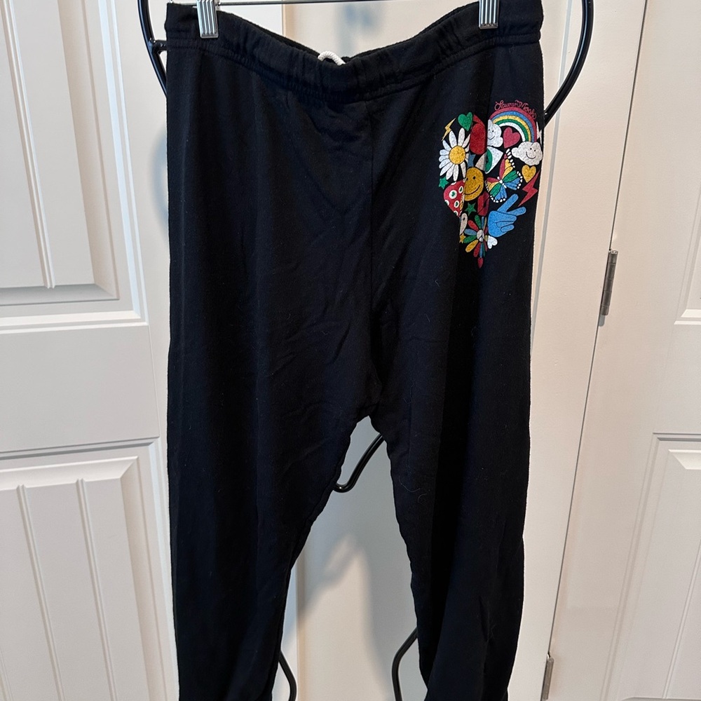 Lauren Moshi Black Sweatpants with Colorful Heart Patch